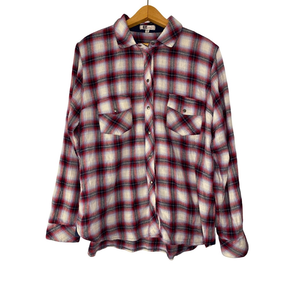 KUT from the Kloth Womens Red White Blue Plaid Flannel Snap Front Shirt M Rodeo